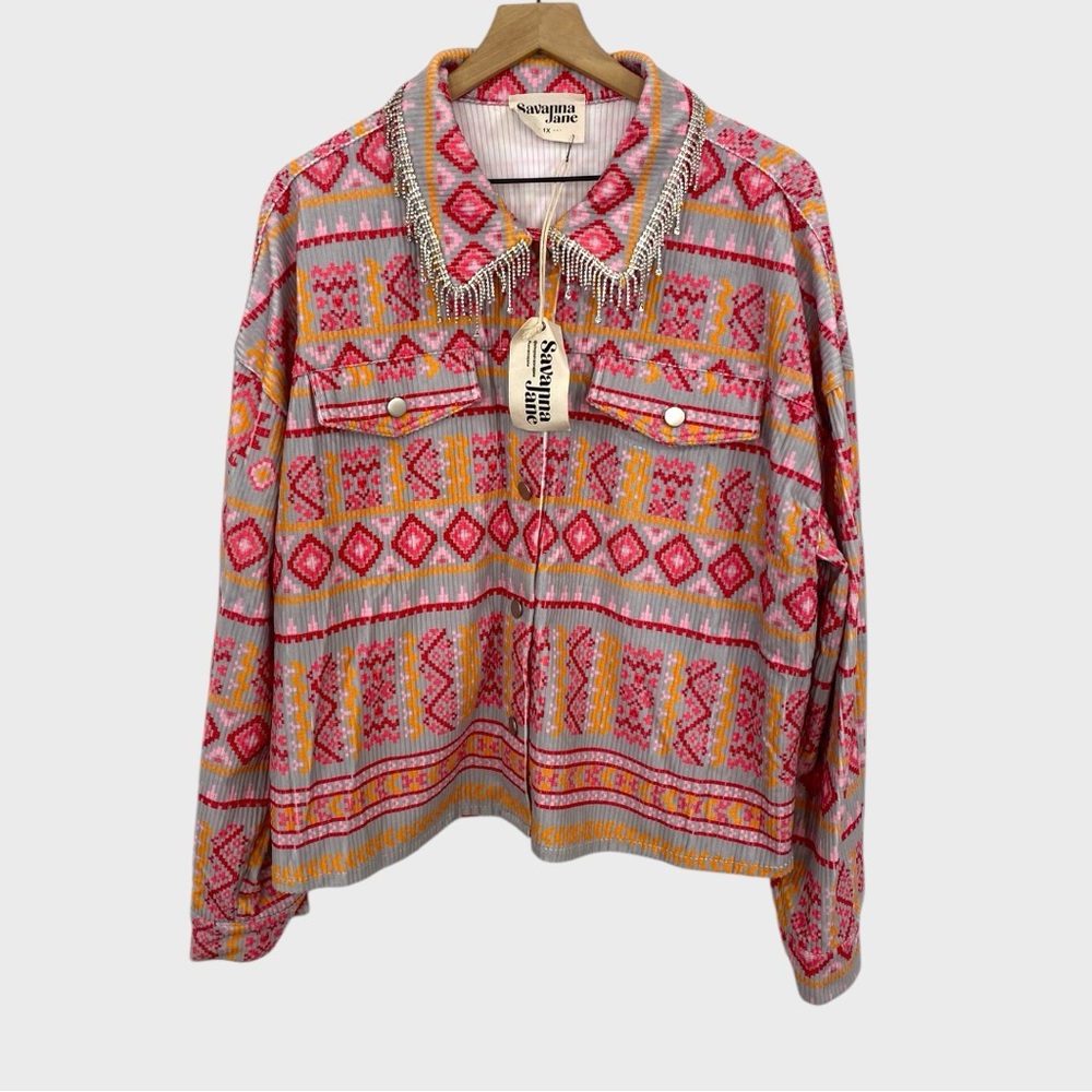 Savannah Jane Pink Orange Grey Southwest Print Rhinestone Trim Jacket NWT XL - Picture 1 of 10